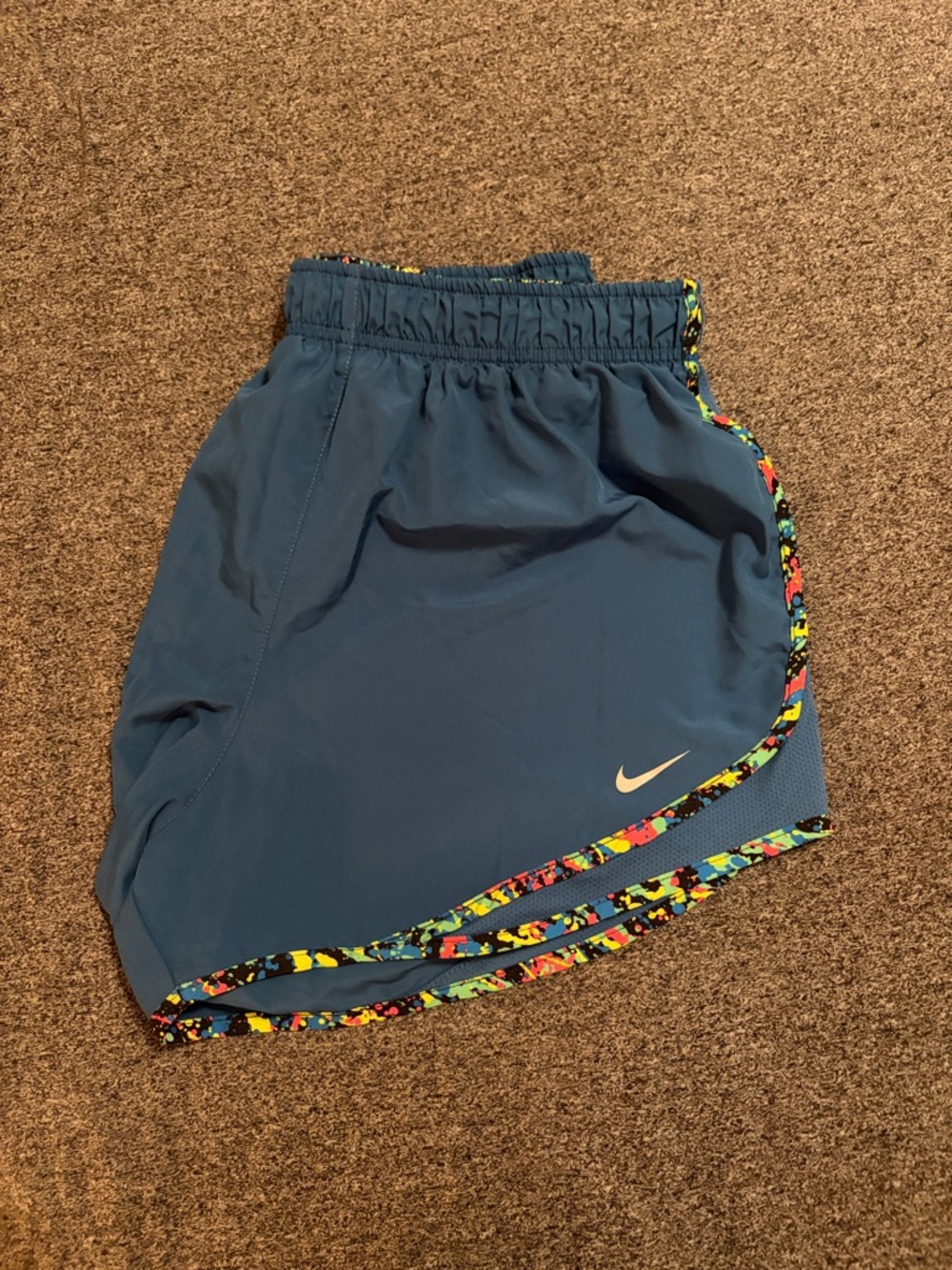 Nike Women's Teal Athletic Shorts with Multicolor Patterned Trim